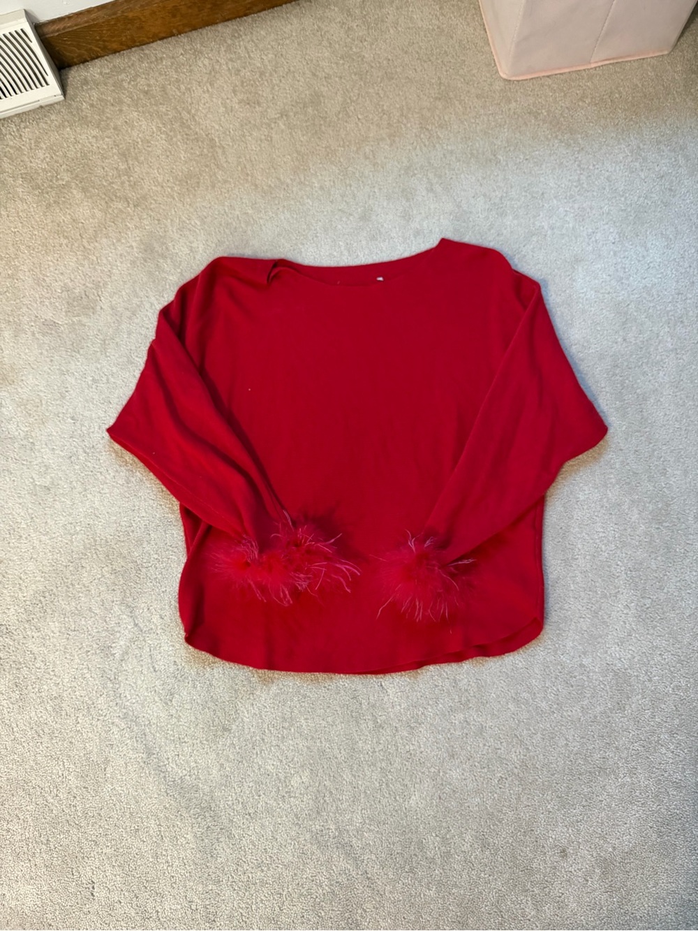Red Feather-Cuff Women's Top
